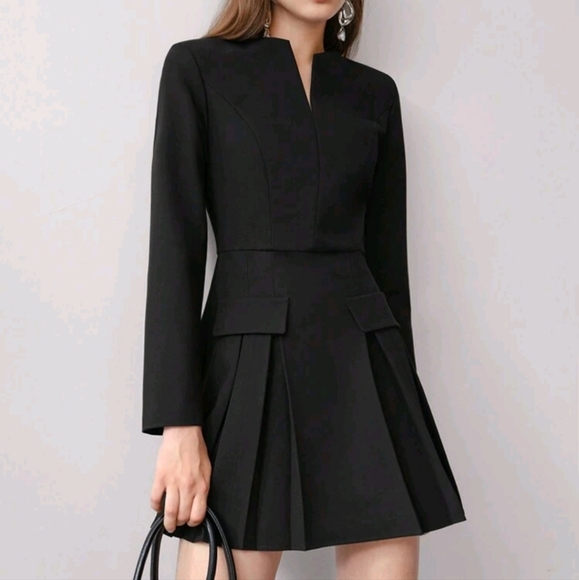 NOTCHED V NECK PLEATED DRESS - Picture 1 of 4